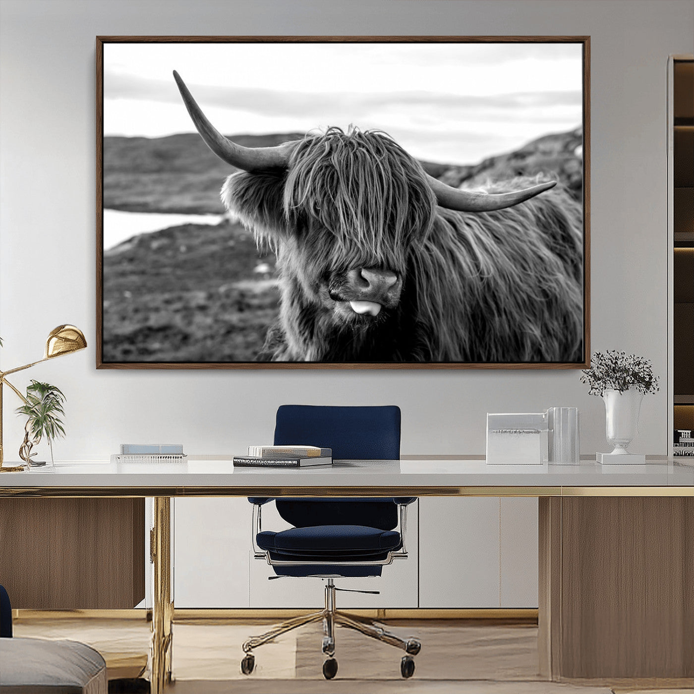 83810-MGV-CV-36X24-Highland Cow Wall Art – Black and White Highland Cattle Print, Rustic Farmhouse Animal Decor for Living Room