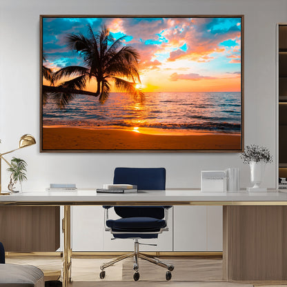 34674-MGV-CV-36X24-Tropical Sunset Beach Wall Art – Palm Tree Ocean Canvas Print, Coastal Seascape Decor for Living Room or Office Wall