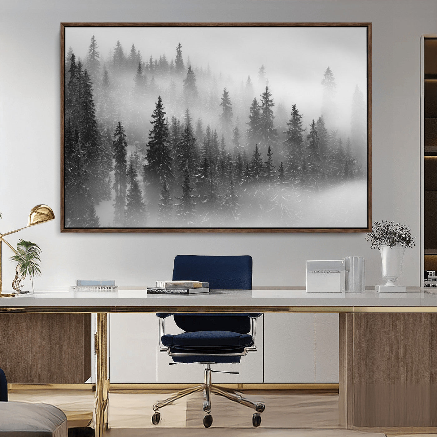 57235-MGV-CV-36X24-Misty Pine Forest Wall Art – Black and White Mountain Landscape Canvas Print, Nature Woodland Decor for Living Room, Bedroom or