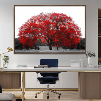 80021-MGV-CV-36X24-Red Tree Wall Art – Striking Black and White Landscape Canvas Print with Vibrant Red Leaves, Modern Nature Decor for Living Room