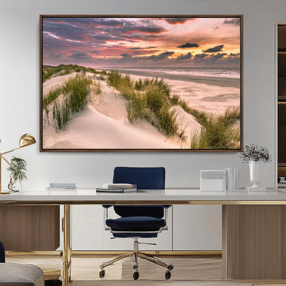 60570-MGV-CV-36X24-Beach Sunset Wall Art – Coastal Sand Dunes and Ocean Horizon Canvas Print, Tranquil Seascape Photography Decor for Living Room or