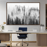 10422-MGV-FC-36X24_Walnut-Misty Pine Forest Wall Art – Black and White Foggy Landscape Canvas Print, Serene Nature Woodland Decor for Bedroom, Office or