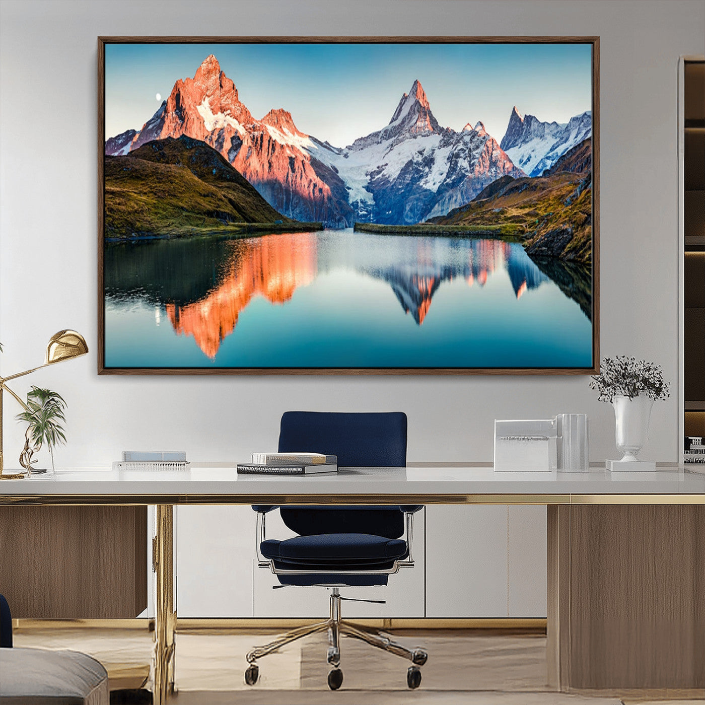 88453-MGV-CV-36X24-Mountain Lake Wall Art – Snow-Capped Peaks Reflected in Alpine Water Canvas Print, Nature Landscape Wall Decor for Living Room or