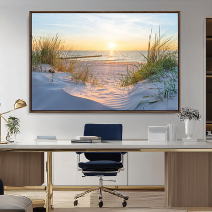 48907-MGV-CV-36X24-Beach Sunset Wall Art – Coastal Sand Dunes and Ocean View Canvas Print, Serene Seaside Landscape Painting for Living Room, Bedroom