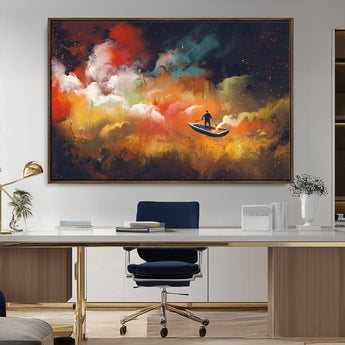 45085-MGV-CV-36X24-Surreal Cosmic Wall Art – Abstract Galaxy Dreamscape Canvas Print with Man and Dog in Boat, Fantasy Nebula Painting for Living