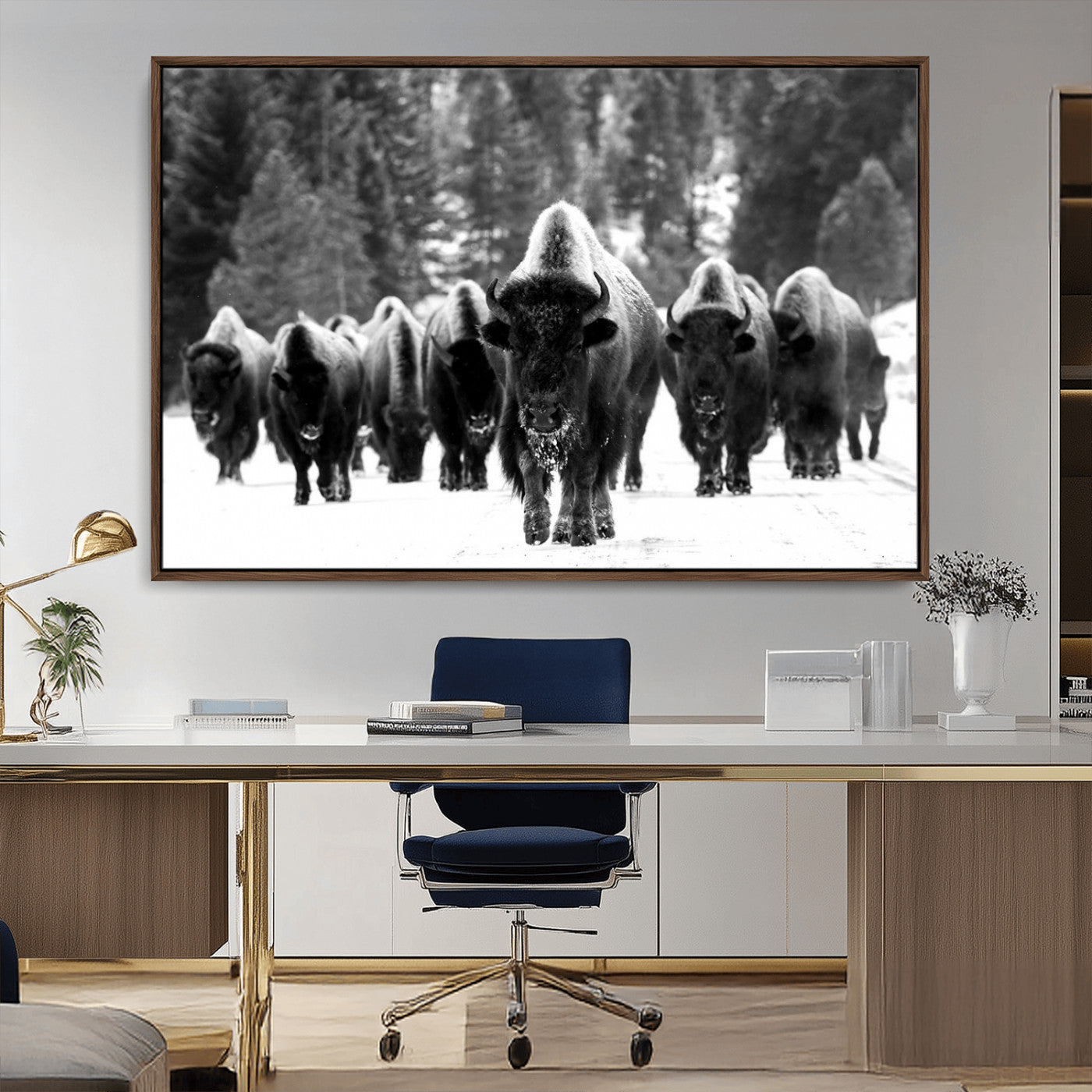 62434-MGV-CV-36X24-Bison Herd Wall Art – Majestic Black and White Buffalo Canvas Print, Wildlife Nature Photography Decor for Living Room, Office or