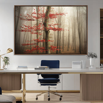 61855-MGV-CV-36X24-Misty Forest Wall Art – Red Tree with Autumn Leaves Canvas Print, Moody Woodland Nature Decor for Living Room, Bedroom, or Office