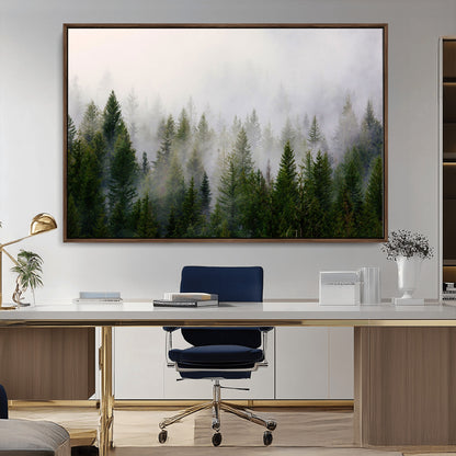 11436-MGV-CV-36X24-Misty Forest Wall Art – Tranquil Evergreen Tree Canvas Print with Foggy Landscape, Nature Inspired Artwork for Bedroom, Living