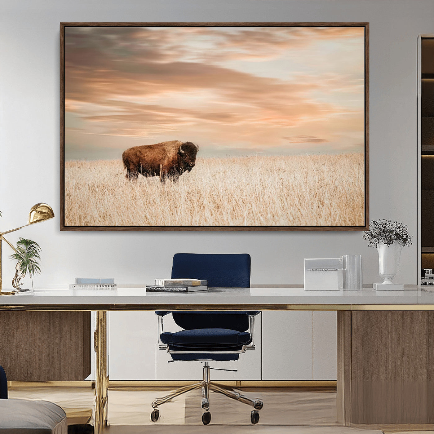 99699-MGV-CV-36X24-Bison in Prairie at Sunset – Wildlife Photography Print, American Buffalo Wall Art, Nature Landscape Canvas Decor for Office