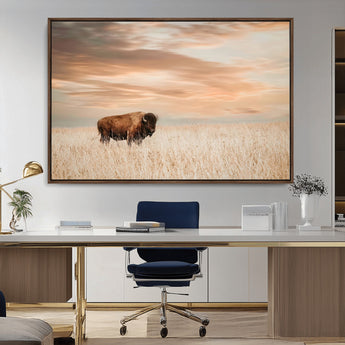 99699-MGV-CV-36X24-Bison in Prairie at Sunset – Wildlife Photography Print, American Buffalo Wall Art, Nature Landscape Canvas Decor for Office