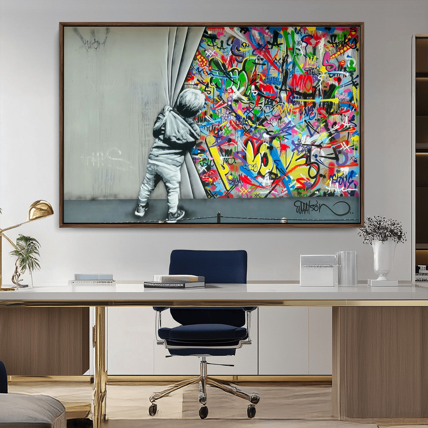 51713-MGV-CV-36X24-Colorful Graffiti Street Art Wall Mural – Child Pulling Curtain Canvas Print, Urban Pop Art, Modern Abstract Wall Decor for Living