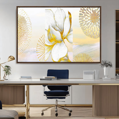 82301-MGV-CV-36X24-Modern Floral Wall Art – White Flower with Gold Detailing Canvas Print, Elegant Abstract Artwork for Living Room, Bedroom, or