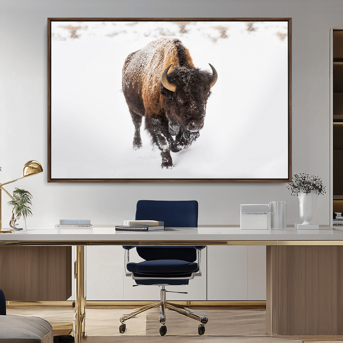 19889-MGV-CV-36X24-Snow Bison Wall Art – Majestic Buffalo Winter Landscape Canvas Print, Rustic Wildlife Photography Decor for Cabin, Lodge, Living