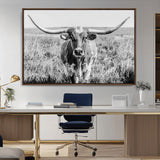 77320-MGV-CV-36X24-Texas Longhorn Wall Art – Black and White Western Cattle Canvas Print, Rustic Farmhouse Animal Photography Decor for Living Room,