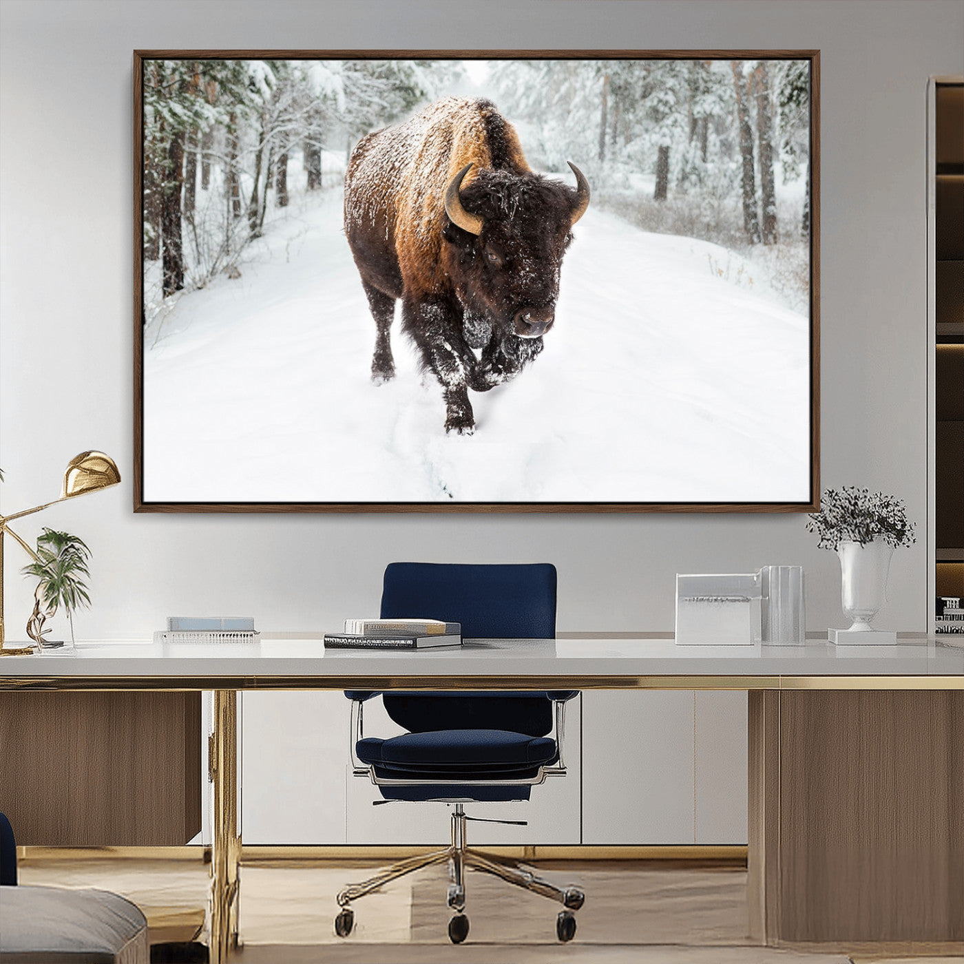 10109-MGV-CV-36X24-Majestic Bison Winter Wall Art – Snowy Forest Buffalo Canvas Print, Rustic Wildlife Photography Decor for Cabin, Lodge, Living