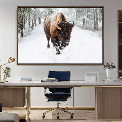 10109-MGV-CV-36X24-Majestic Bison Winter Wall Art – Snowy Forest Buffalo Canvas Print, Rustic Wildlife Photography Decor for Cabin, Lodge, Living