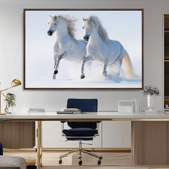 80145-MGV-CV-36X24-White Horses Running Snow Wall Art – Majestic Equine Canvas Print, Winter Nature Photography Decor for Living Room, Office,