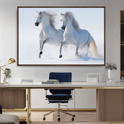 80145-MGV-CV-36X24-White Horses Running Snow Wall Art – Majestic Equine Canvas Print, Winter Nature Photography Decor for Living Room, Office,