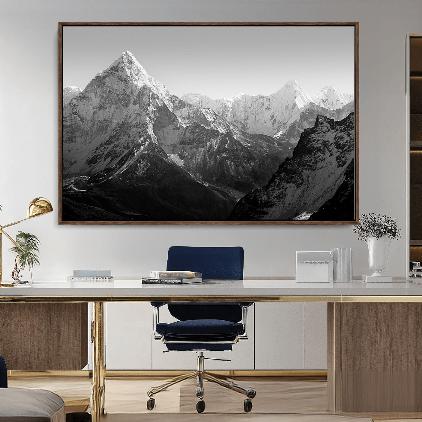 10775-MGV-CV-36X24-Snow Capped Mountain Wall Art – Black and White Canvas Print of Majestic Peaks, Nature Landscape Photography for Office, Bedroom,