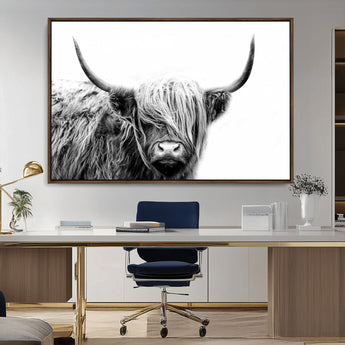 51957-MGV-FC-36X24_Walnut-Highland Cow Wall Art – Black and White Scottish Highland Bull Canvas Print, Rustic Farmhouse Animal Decor for Living Room,