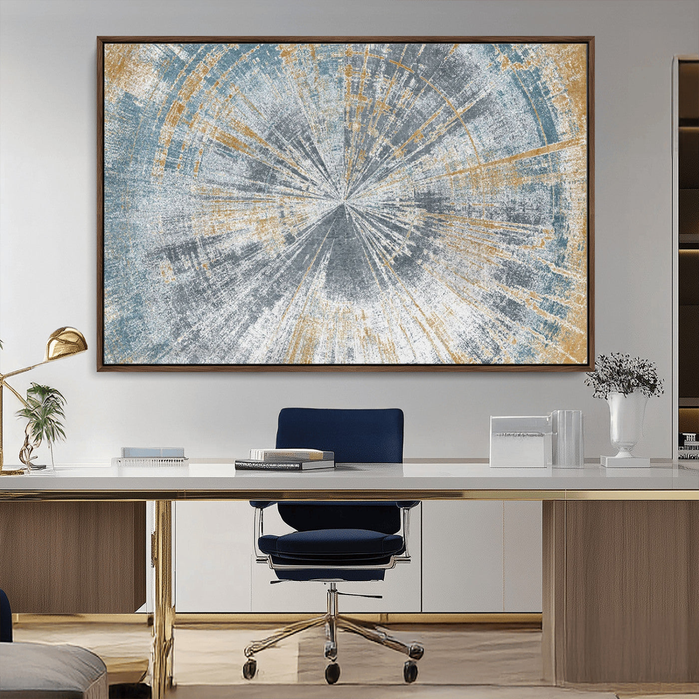 17631-MGV-CV-36X24-Radiant Burst Wall Art – Abstract Sunburst Canvas Print in Blue and Gold, Modern Geometric Painting for Living Room, Office or