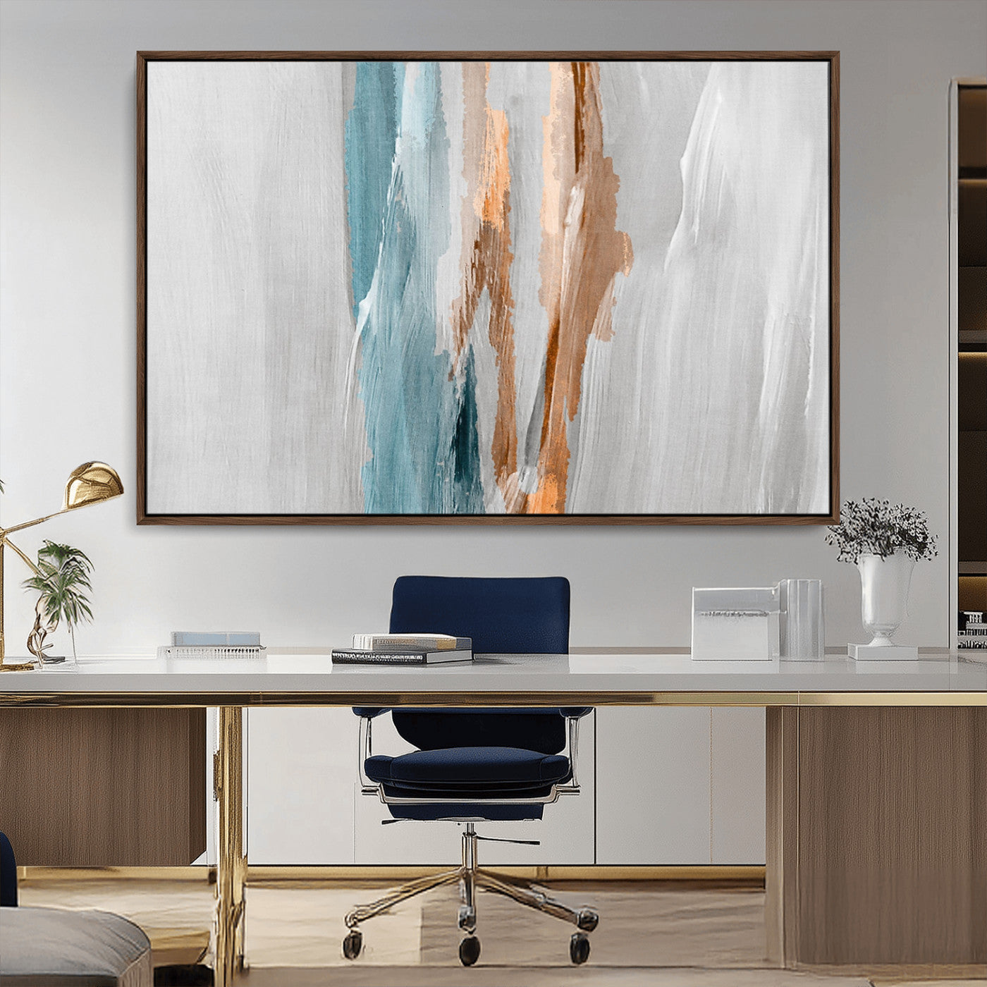 66154-MGV-CV-36X24-Abstract Brushstroke Wall Art – Modern Teal and Gold Canvas Print, Minimalist Contemporary Painting for Living Room, Bedroom, or