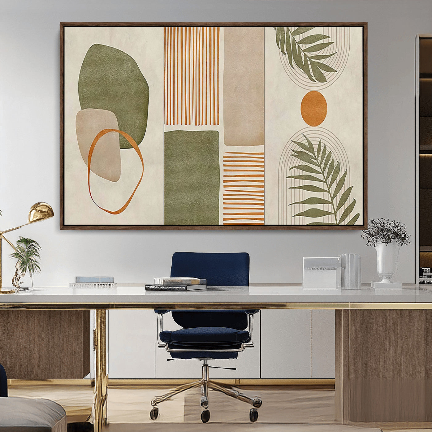 96002-MGV-CV-36X24-Abstract Geometric Wall Art – Modern Canvas Print with Green, Orange & Beige Shapes, Minimalist Home Decor for Living Room, Office