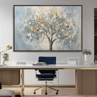 65811-MGV-CV-36X24-Abstract Tree Wall Art – Textured Canvas Painting with Gold and White Leaves, Modern Nature Inspired Decor for Living Room or