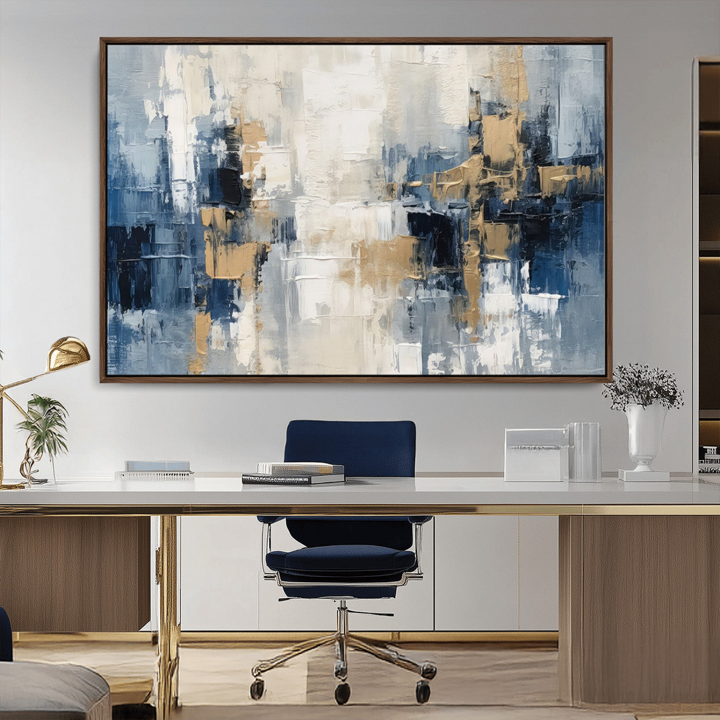 44344-MGV-CV-36X24-Abstract Blue and Gold Wall Art – Modern Hand Painted Canvas Print, Contemporary Textured Painting for Living Room, Bedroom or
