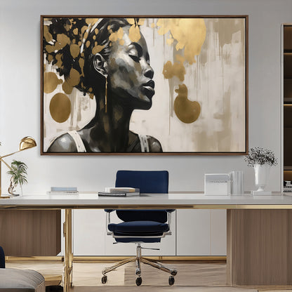 65669-MGV-CV-36X24-Elegant Black Woman Wall Art – Modern Abstract Portrait Canvas with Gold Accents, Contemporary Afrocentric Decor for Living Room