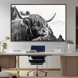 61570-MGV-CV-36X24-Highland Cow Wall Art – Black and White Scottish Bull Canvas Print, Rustic Farmhouse Animal Decor for Living Room, Bedroom, or