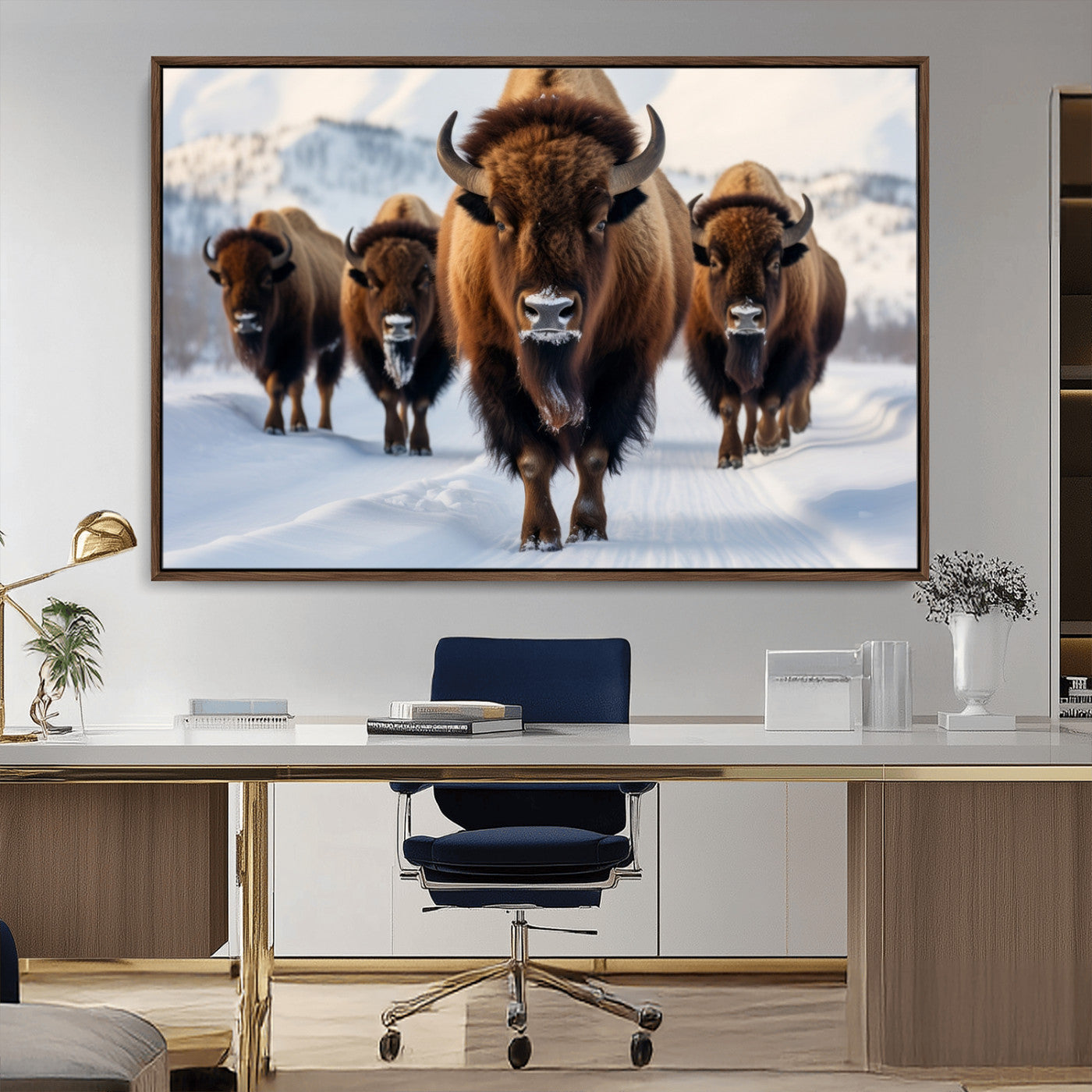 56701-MGV-CV-36X24-Bison Herd Wall Art – Buffalo Walking in Snowy Mountains Canvas Print, Rustic Wildlife Decor for Cabin, Lodge, or Living Room