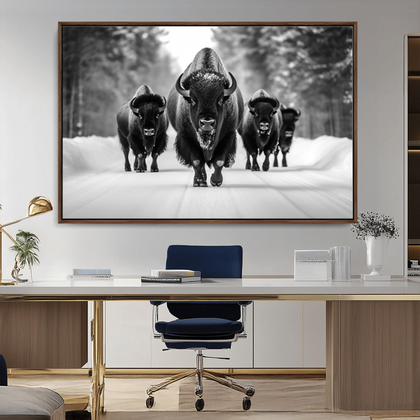 45287-MGV-CV-36X24-Bison Herd Wall Art – Black and White Buffalo Snow Road Canvas Print, Rustic Wildlife Decor for Cabin, Lodge or Living Room