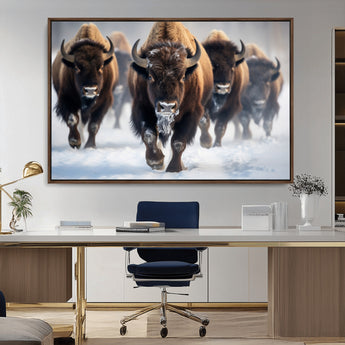 80512-MGV-CV-36X24-Bison Herd Wall Art – Buffalo Running in Snow Canvas Print, Rustic Wildlife Photography Decor for Cabin, Lodge, or Living Room