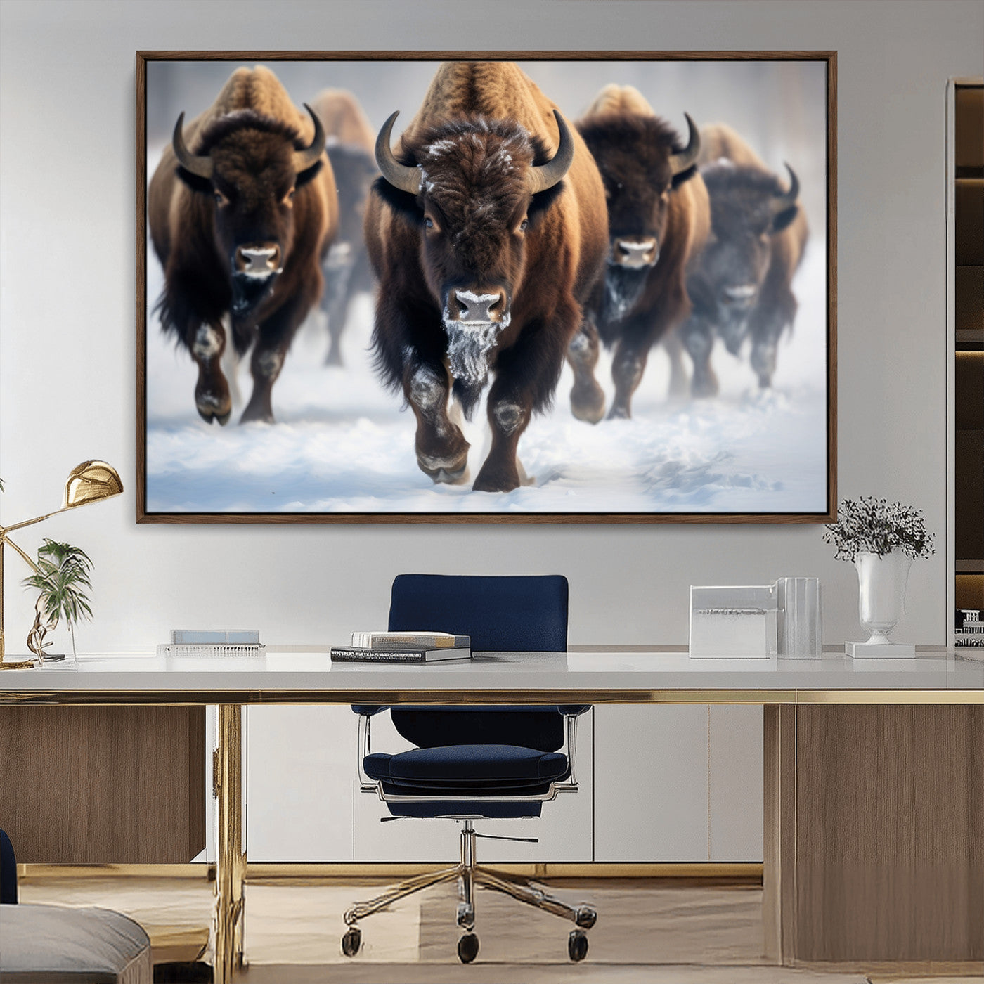 80512-MGV-CV-36X24-Bison Herd Wall Art – Buffalo Running in Snow Canvas Print, Rustic Wildlife Photography Decor for Cabin, Lodge, or Living Room