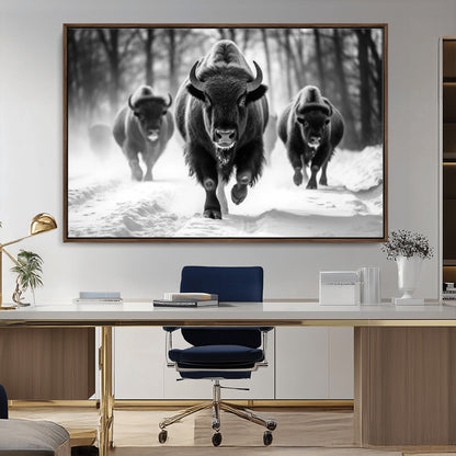 97552-MGV-CV-36X24-Black and White Bison Wall Art – Buffalo Herd Running in Snow Canvas Print, Rustic Wildlife Photography Decor for Cabin, Lodge, or