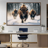 56549-MGV-CV-36X24-Wild Bison Wall Art – Majestic Buffalo Herd Running in Snow Canvas Print, Rustic Wildlife Photography Decor for Cabin, Lodge, or