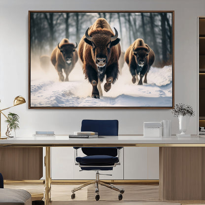 56549-MGV-CV-36X24-Wild Bison Wall Art – Majestic Buffalo Herd Running in Snow Canvas Print, Rustic Wildlife Photography Decor for Cabin, Lodge, or