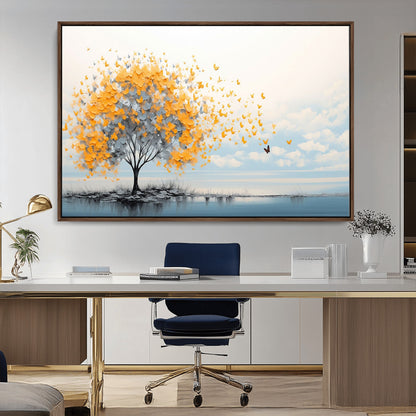 23385-MGV-CV-36X24-Golden Butterfly Tree Wall Art – Abstract Yellow and Gray Canvas Print, Modern Nature Artwork for Living Room, Bedroom or Office