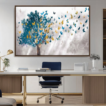 37564-MGV-CV-36X24-Butterfly Tree Wall Art – Modern Nature Canvas Print with Blue and Golden Butterflies, Elegant Decorative Painting for Living Room