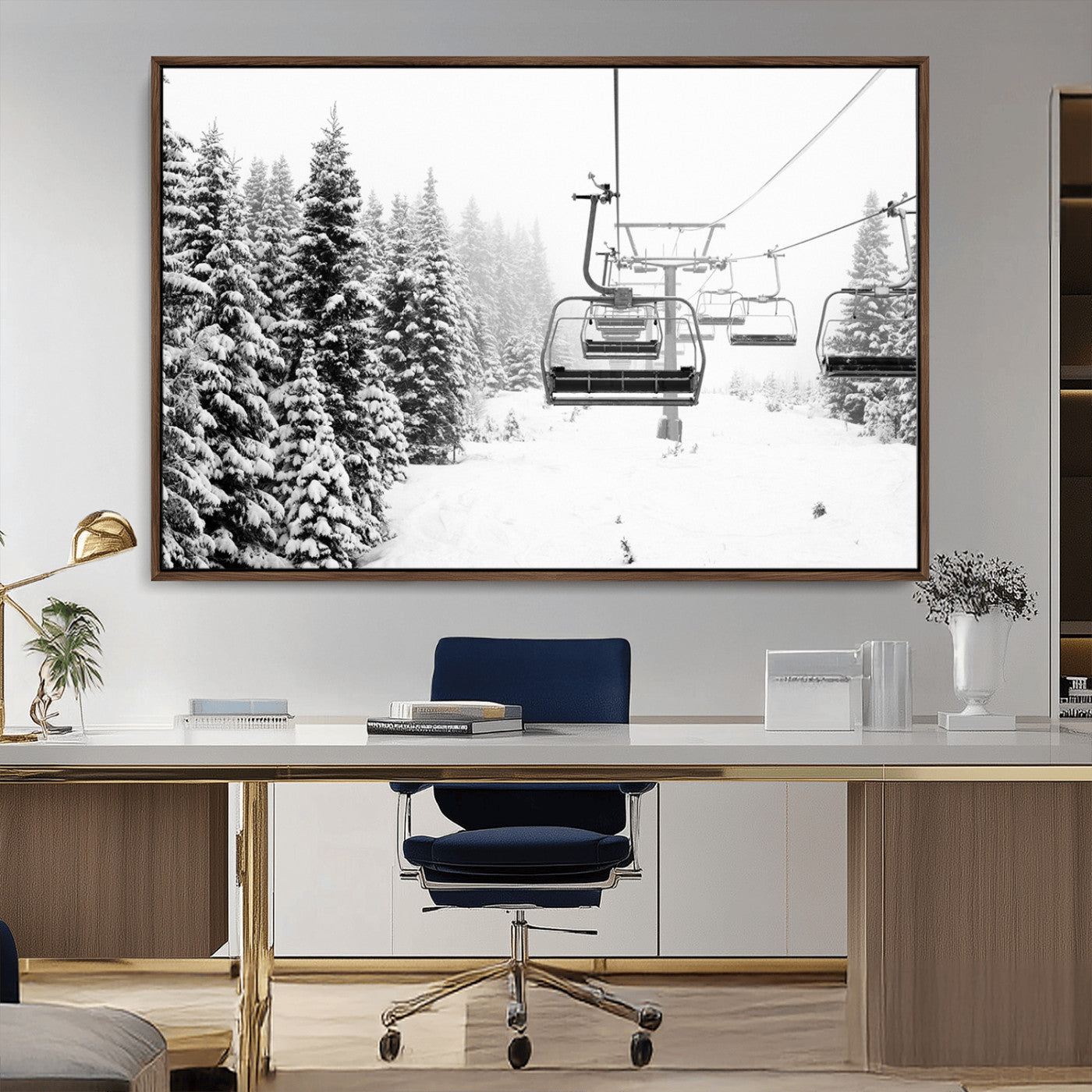 70609-MGV-FC-36X24_Walnut-Snowy Ski Lift Wall Art – Black and White Winter Mountain Landscape Canvas Print, Rustic Lodge Decor for Cabin, Living Room or