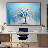 25021-MGV-CV-36X24-Abstract Tree Wall Art – Blue and White Canvas Painting with Gold Accents, Modern Nature-Inspired Artwork for Living Room, Bedroom