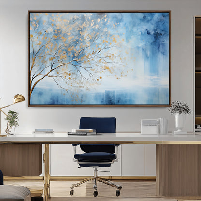 23891-MGV-CV-36X24-Abstract Tree Wall Art – Minimalist Blue and Gold Canvas Painting, Elegant Nature-Inspired Artwork for Living Room, Bedroom or