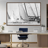 Boat-1-MGV-FC-36X24_Walnut-Sailboat Racing Wall Art – Nautical Black and White Canvas Print, Ocean Adventure Decor for Office, Living Room or Bedroom