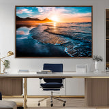 26494-MGV-CV-36X24-Ocean Sunset Wall Art – Scenic Beach Canvas Print with Waves and Mountains, Coastal Seascape Photography for Living Room, Bedroom