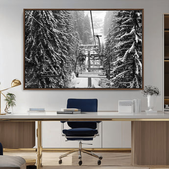 19240-MGV-CV-36X24-Ski Lift Wall Art – Black and White Winter Mountain Canvas Print, Snowy Forest Ski Resort Photography for Cabin, Lodge, Office or