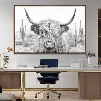 94579-MGV-CV-36X24-Highland Cow Wall Art – Black and White Longhorn Canvas Print, Rustic Western Farmhouse Animal Photography for Living Room,