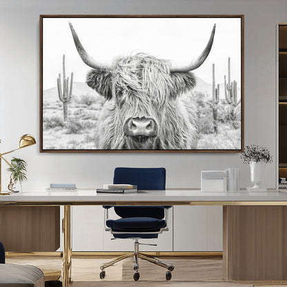 94579-MGV-CV-36X24-Highland Cow Wall Art – Black and White Longhorn Canvas Print, Rustic Western Farmhouse Animal Photography for Living Room,