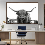 58188-MGV-CV-36X24-Highland Cow Wall Art – Black and White Rustic Farmhouse Canvas Print, Longhorn Cattle Photography Decor for Living Room or