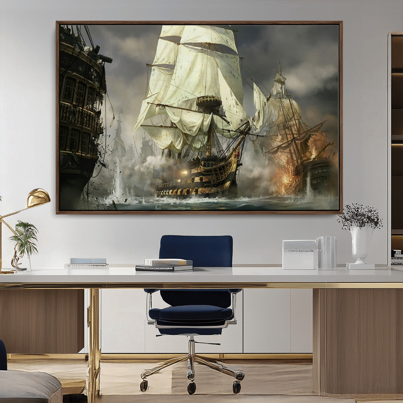 26512-MGV-CV-36X24-Naval Battle Wall Art – Dramatic Tall Ship Canvas Print, Historic Pirate Sailing War Scene, Nautical Decor for Office, Study or